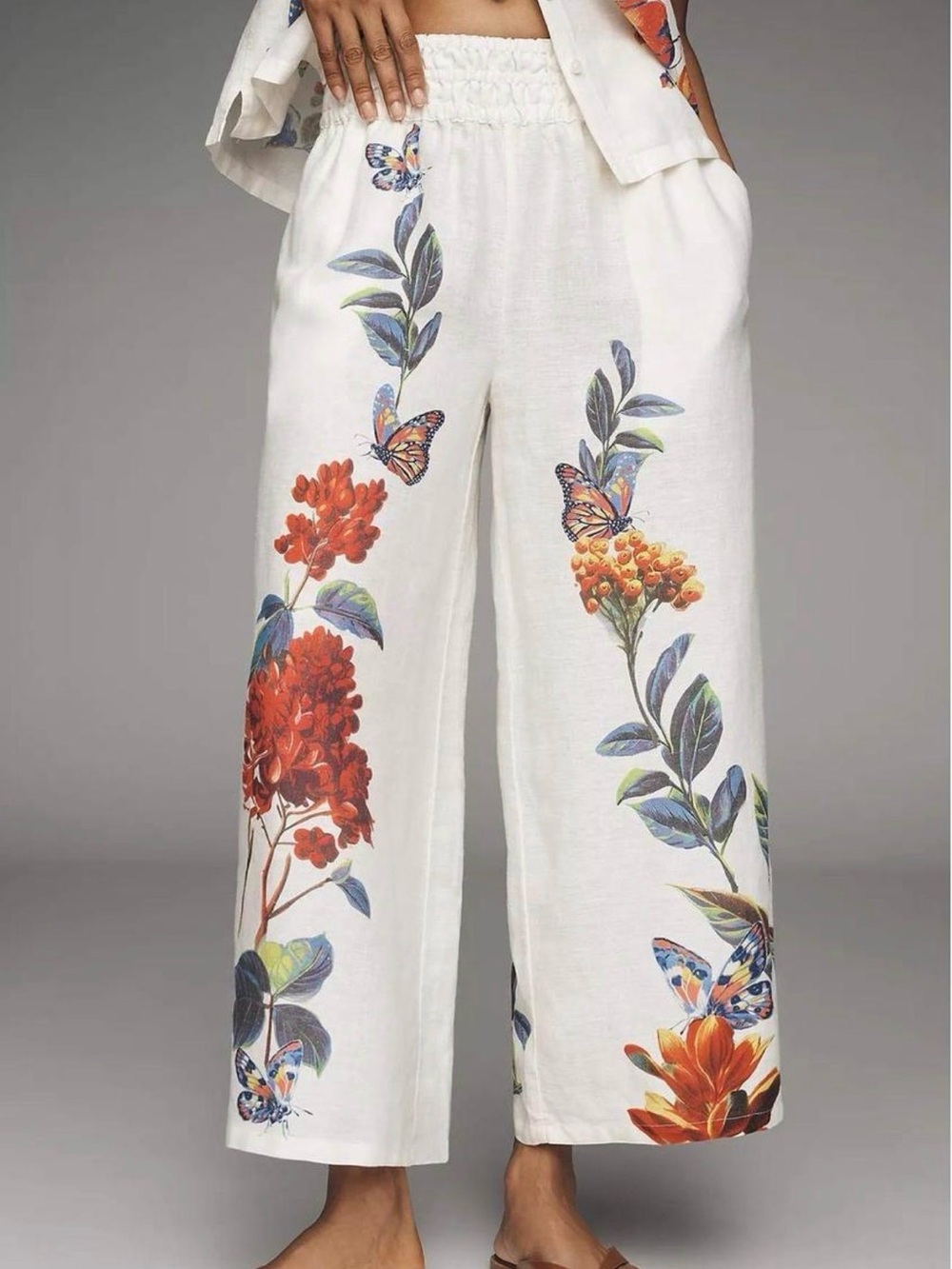 Anthropologie Somerset Floral Butterfly 100% Linen Wide Leg Pants Large